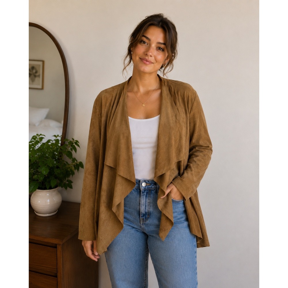 VTG Cristina Faux Suede Drape Front Jacket Women XL Tan Brown Waterfall Open